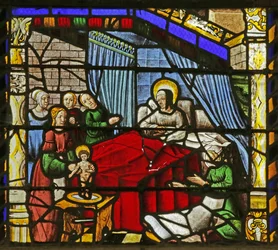 Fenster mit Darstellung der Geburt des Heiligen Nikolaus